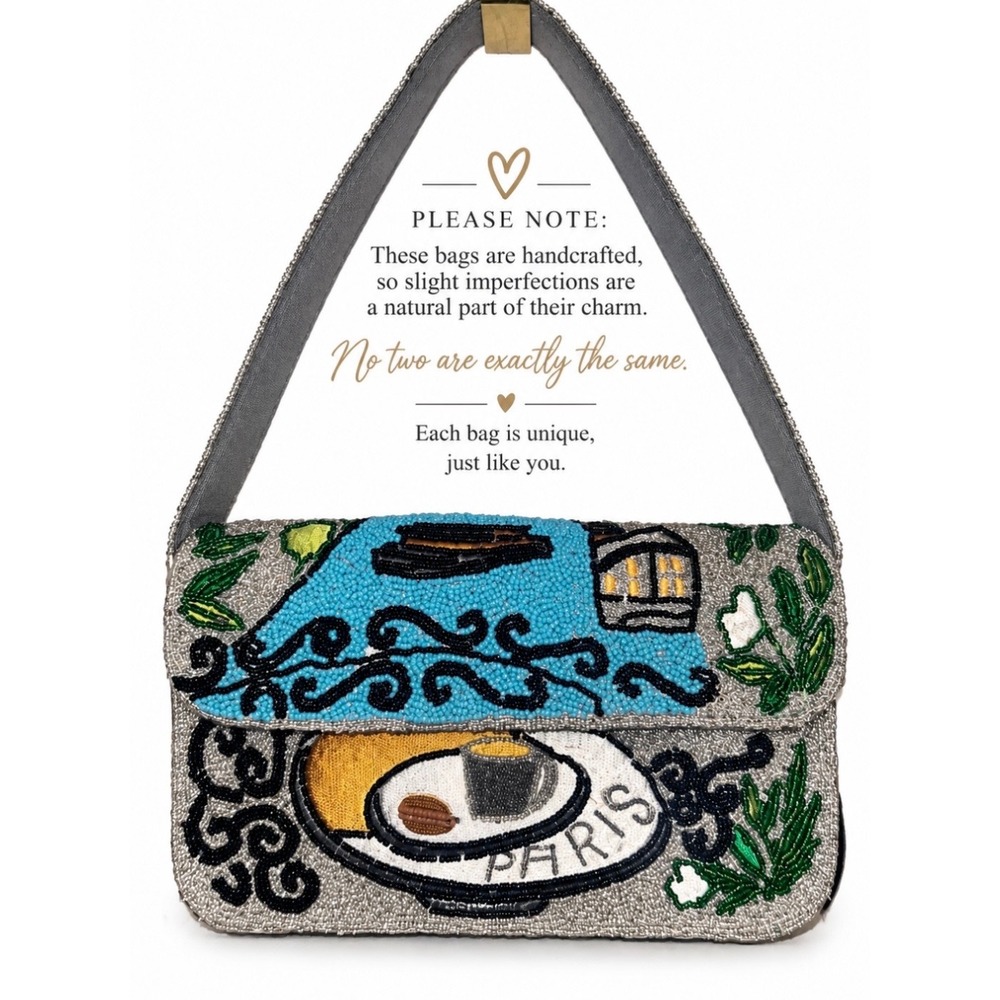 America & Beyond Paris Beaded Shoulder Bag Café Motif NWT